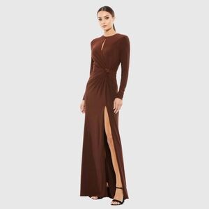 Ieena for Mac Duggal Brown Long Sleeve Keyhole Draped Gown